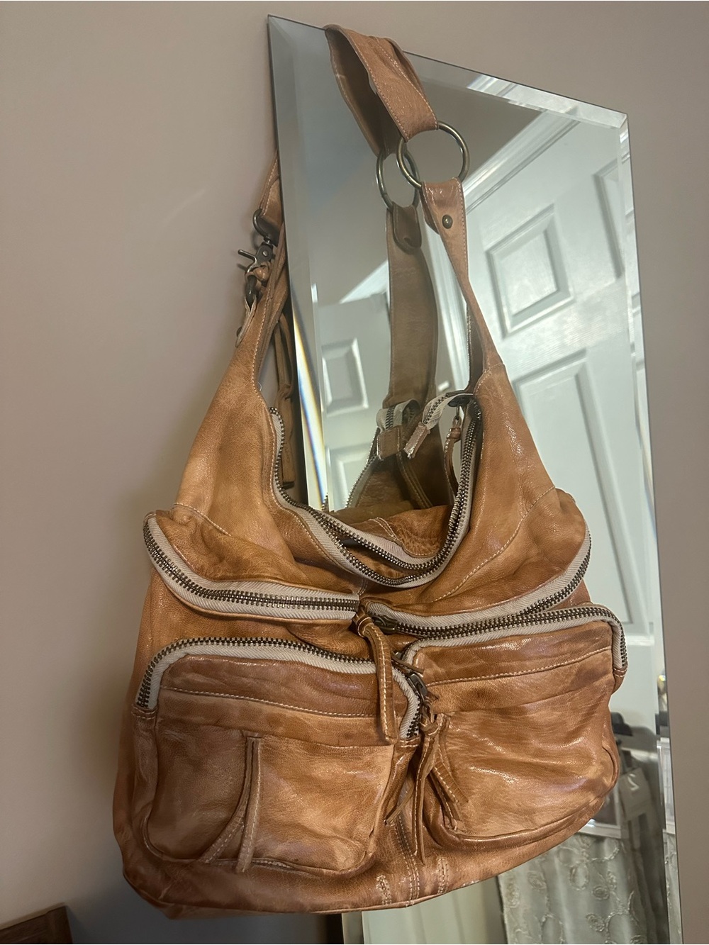 Tan Leather Multi-Zip Shoulder Bag